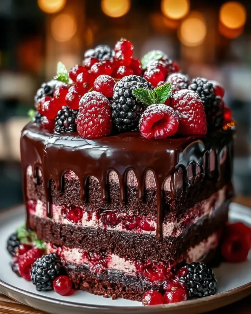 Berrylicious Chocolate Drip Cake topped with fresh berries and decadent chocolate drizzle