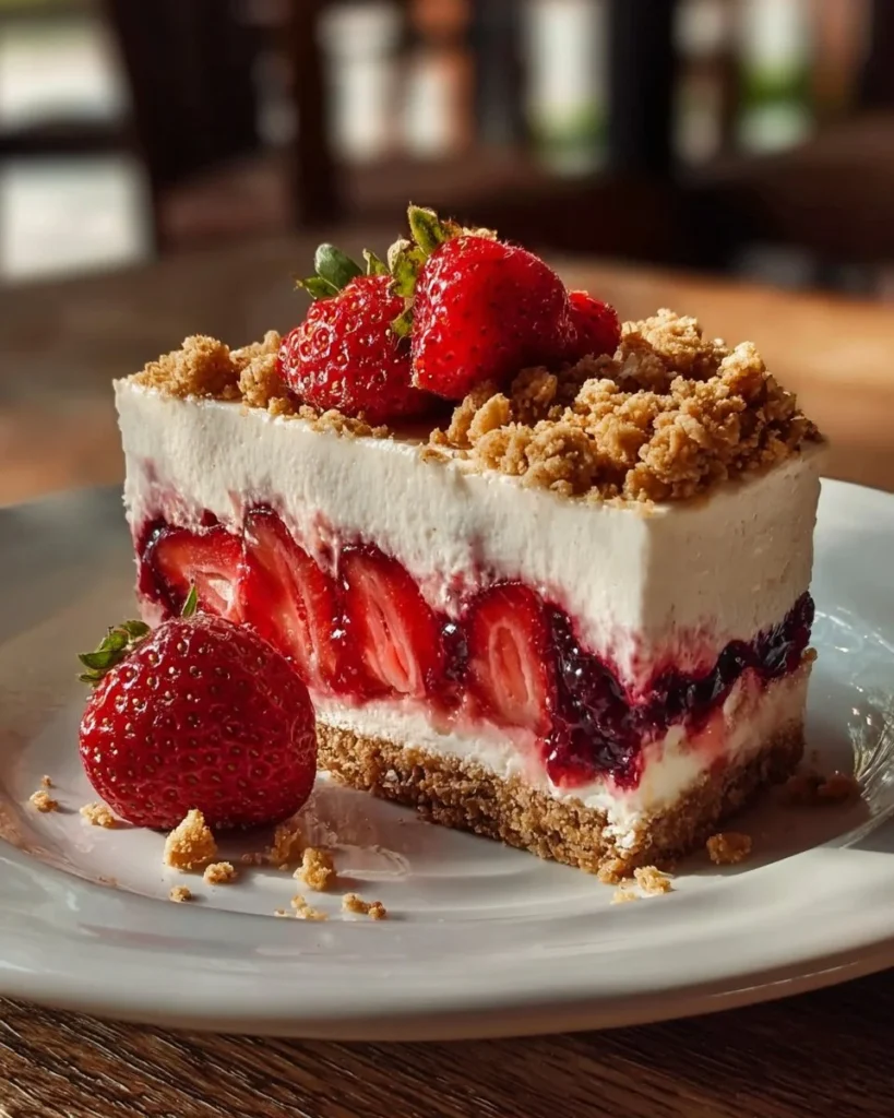 Slice of Berrylicious Strawberry Crunch Cheesecake topped with fresh strawberries
