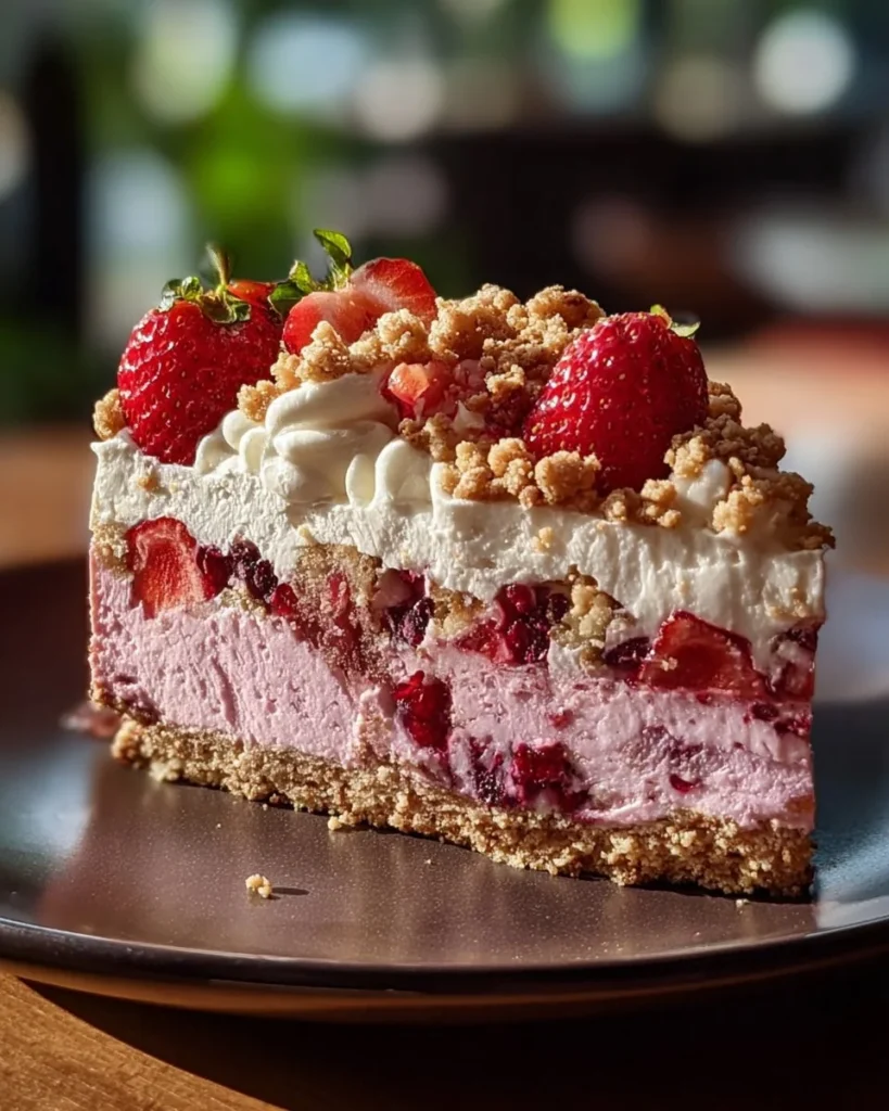 Berrylicious strawberry crunch cheesecake topped with fresh strawberries.