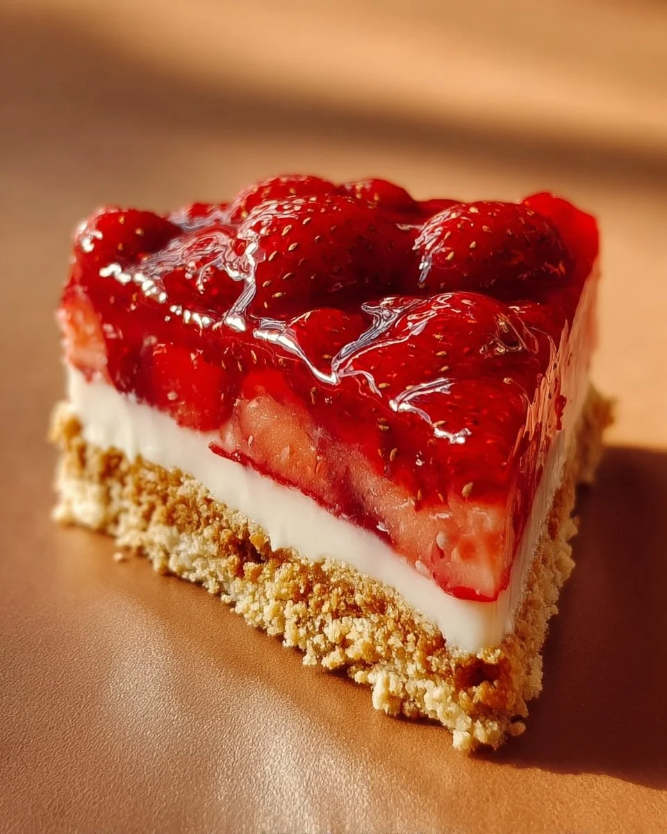 Berrylicious Strawberry Crunch Cheesecake topped with fresh strawberries and crunchy layers.