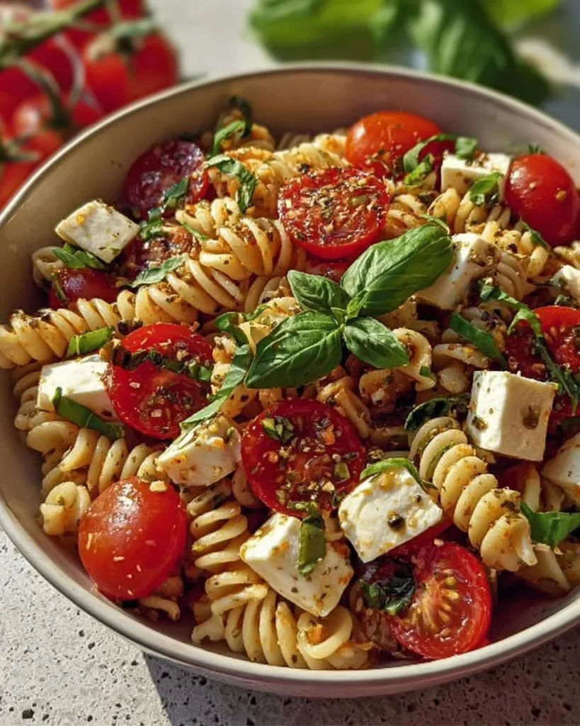Delicious Caprese Pasta Salad with fresh tomatoes, mozzarella, and basil.
