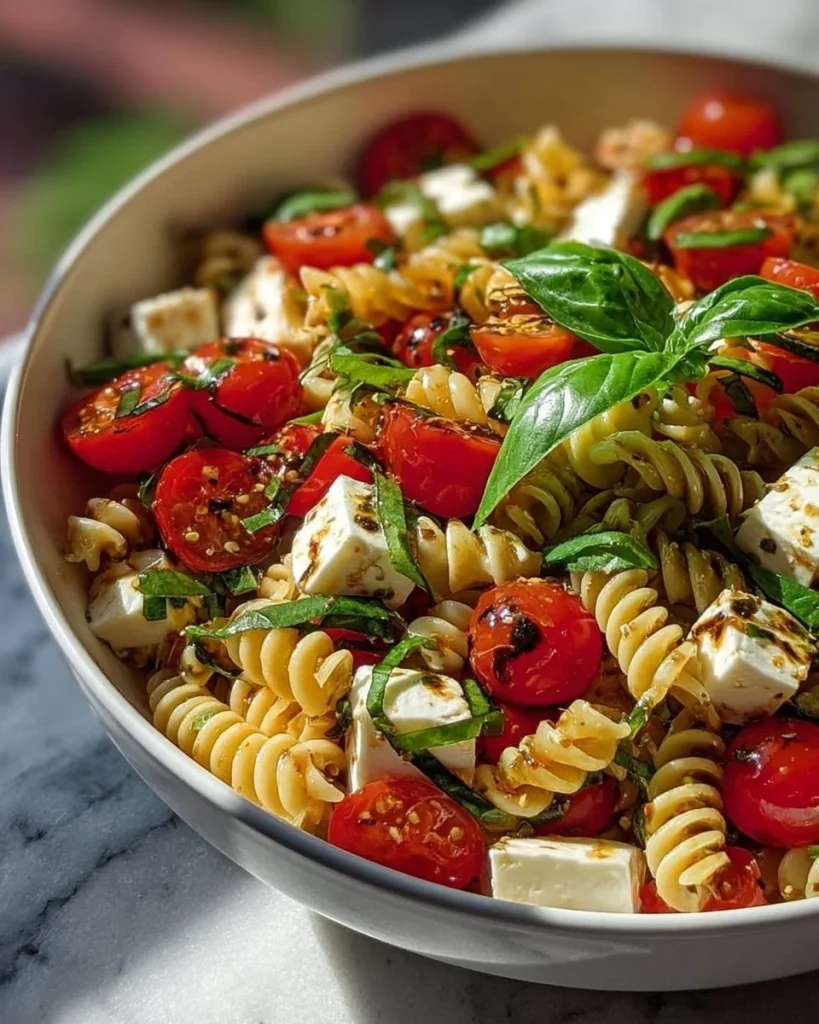 Delicious Caprese Pasta Salad with tomatoes, mozzarella, and basil.