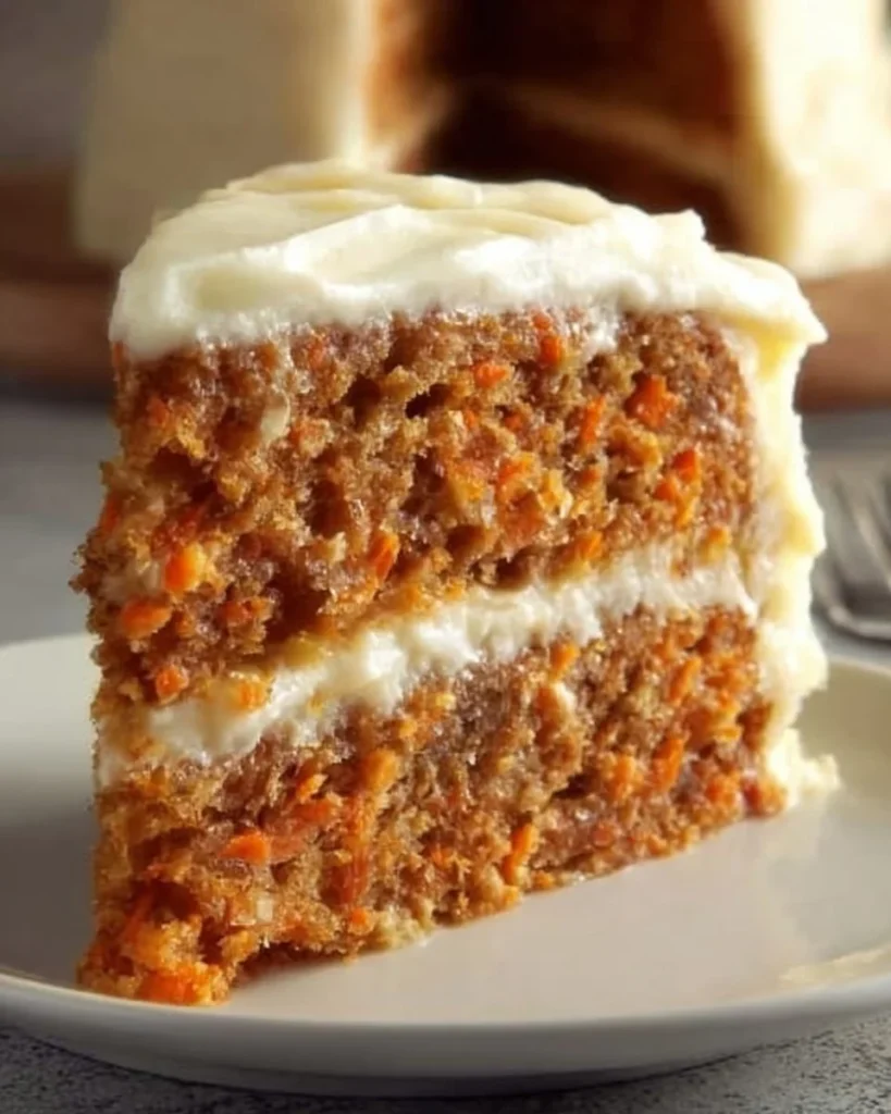 Delicious slice of the best carrot cake ever, topped with cream cheese frosting