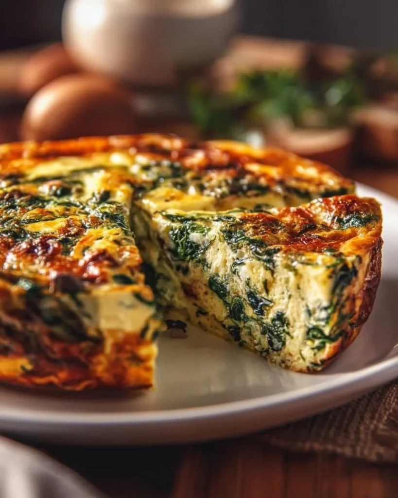 Delicious crustless spinach, onion, and feta quiche on a plate