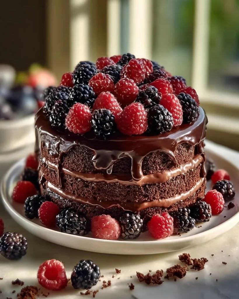 Delicious double chocolate cake with black velvet icing on a white plate