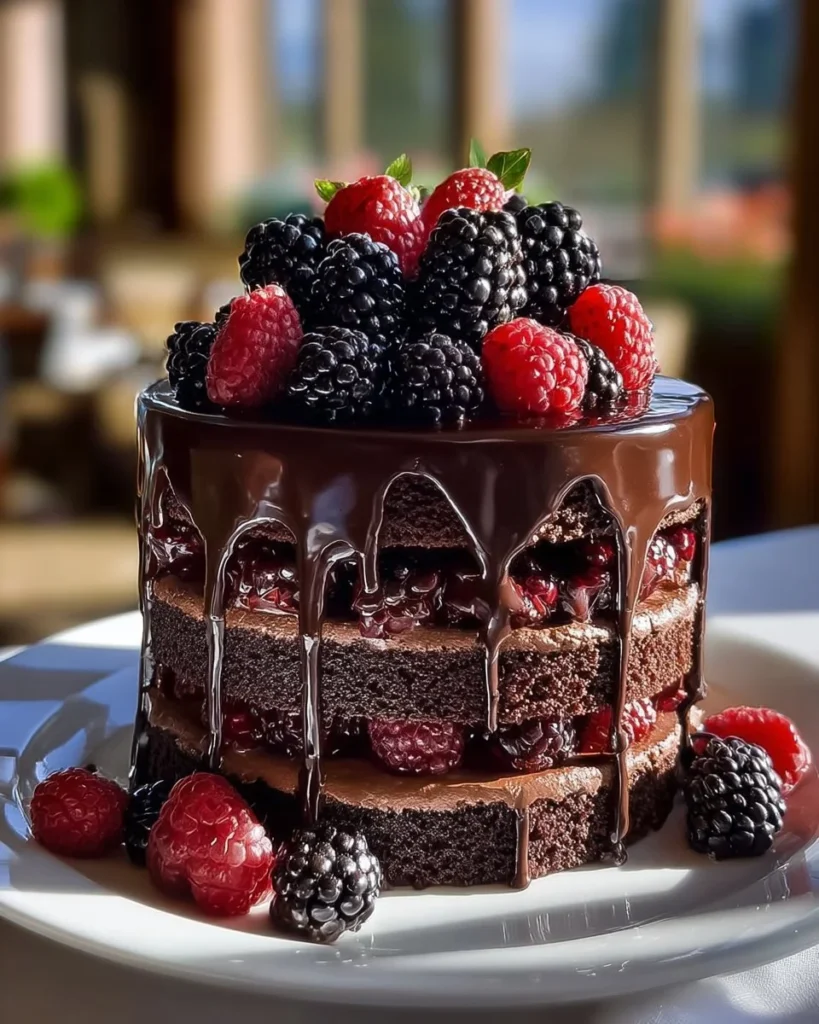 Delicious double chocolate cake with black velvet icing on a decorative plate
