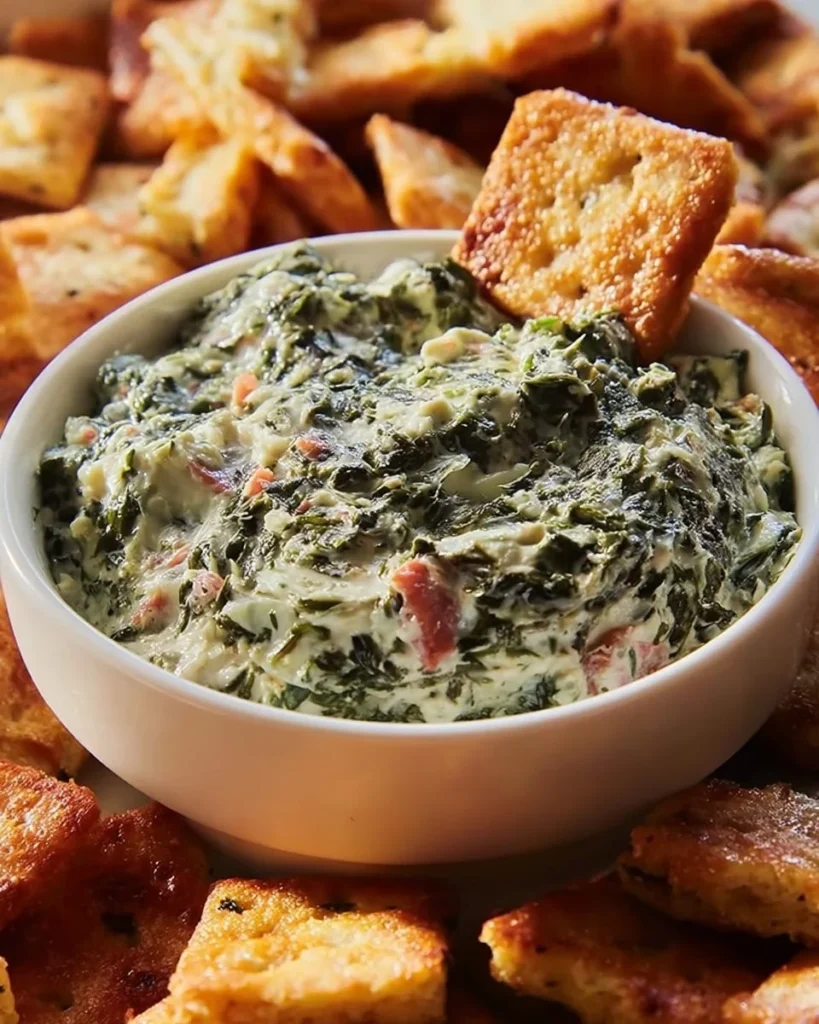 Delicious best ever spinach dip in a bowl served with fresh veggies and crackers.