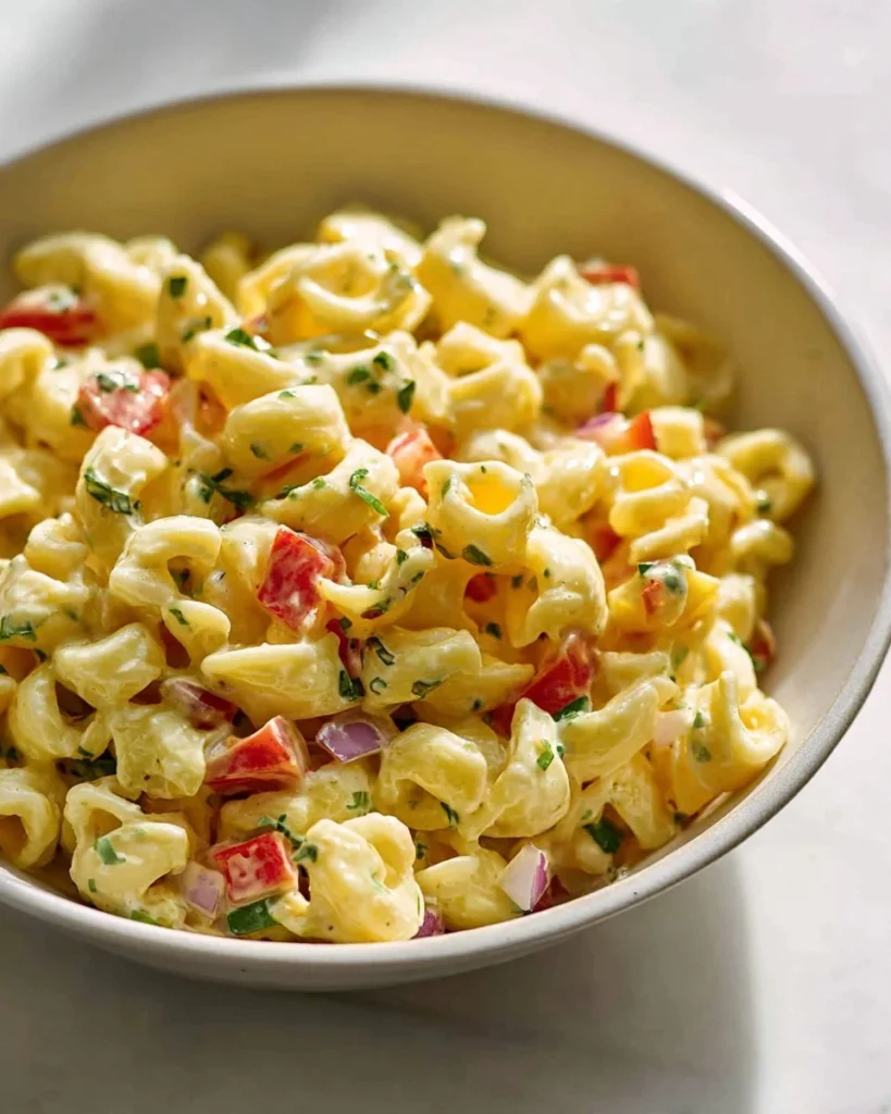 Delicious homemade Mac Salad served in a bowl with fresh ingredients.