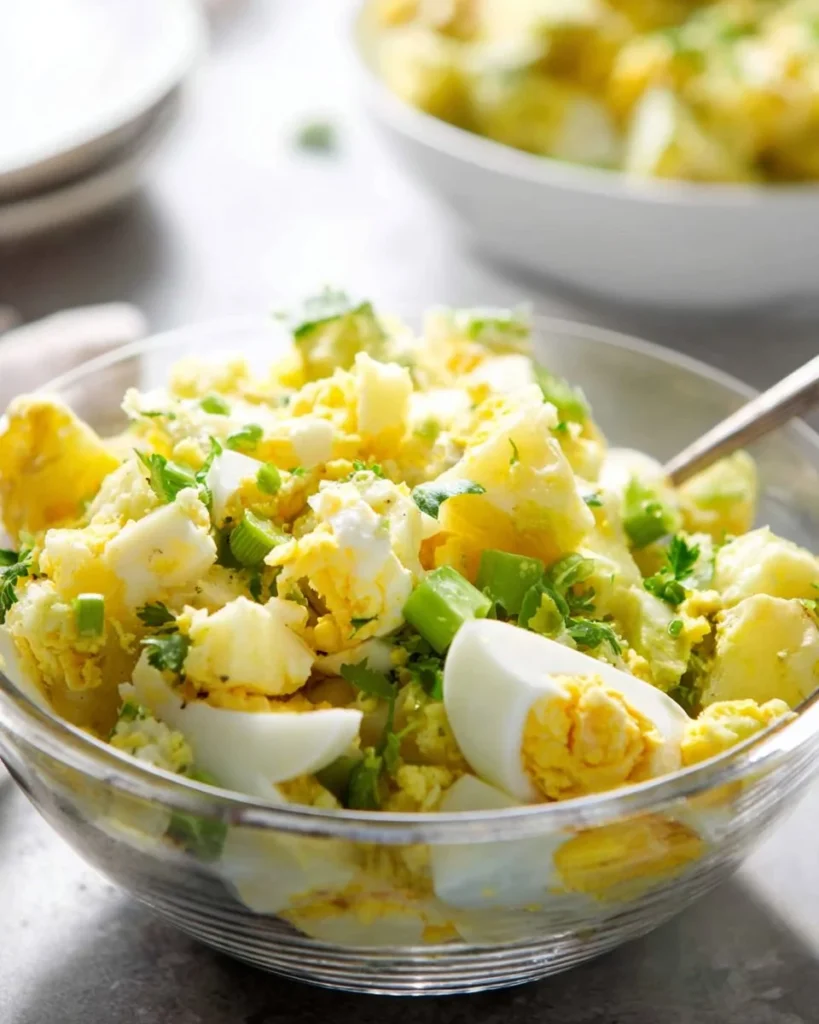 Delicious bowl of creamy potato salad with herbs and spices