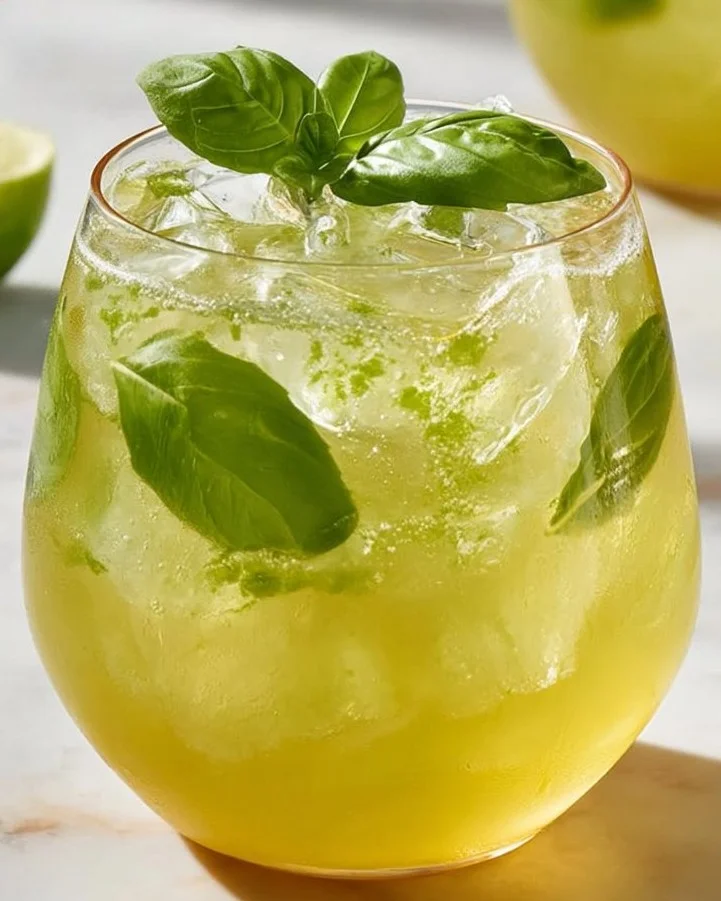 Refreshing Big Batch Limoncello Basil Spritz cocktail in a glass with basil leaves.