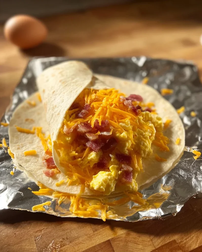 Colorful birthday breakfast burrito with eggs, cheese, and fresh toppings on a plate.