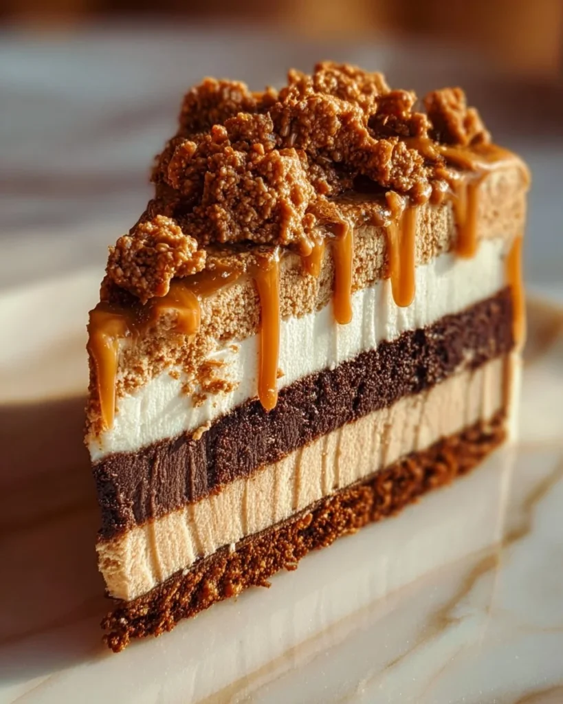 Delicious Biscoff Caramel Cookie Butter Cheesecake slice on a plate