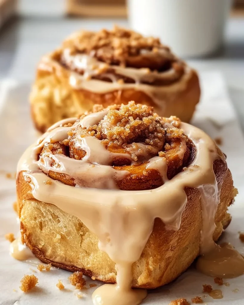 Delicious Biscoff Cinnamon Rolls with caramel swirls on a rustic table.