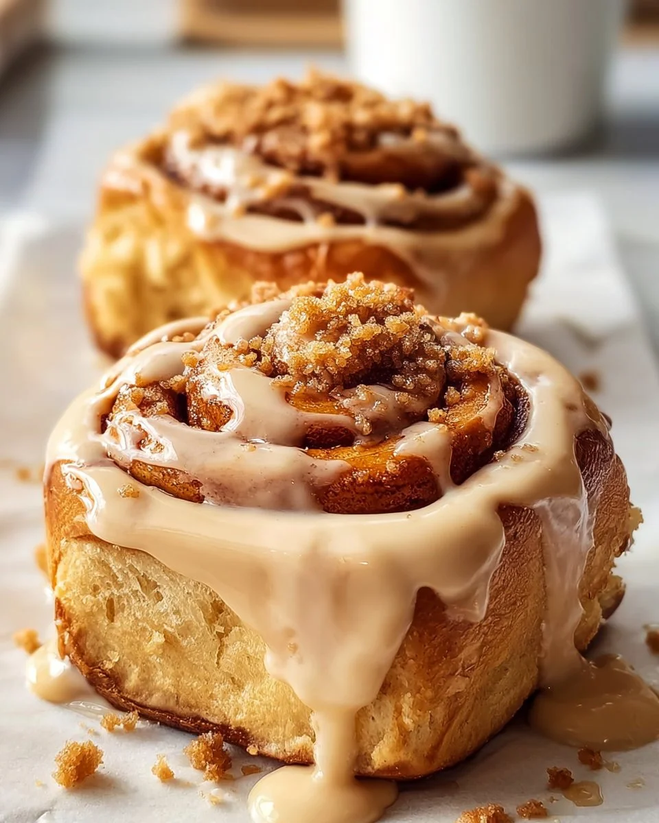 Delicious Biscoff Cinnamon Rolls with caramel swirls on a rustic table.