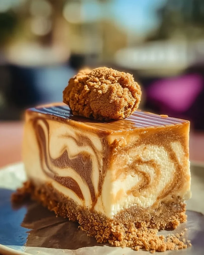 Delicious Biscoff cheesecake topped with biscuit crumbles and drizzled with caramel.