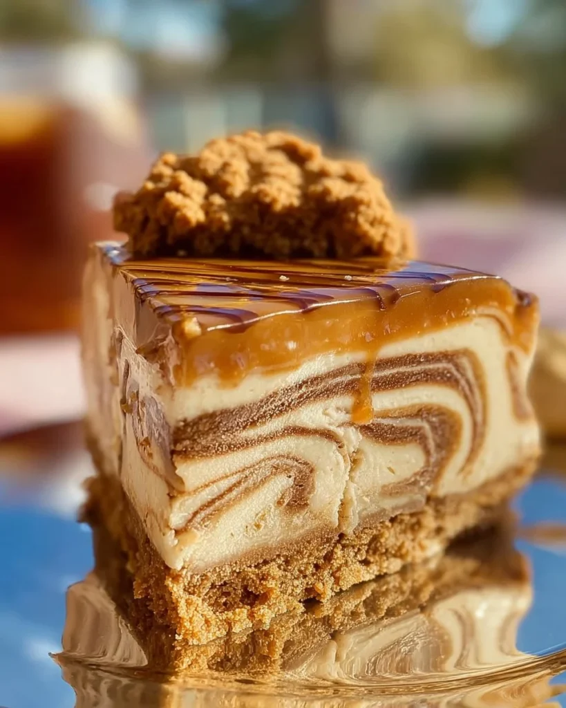 Biscoff cheesecake topped with cookie butter and cookie crumbles.