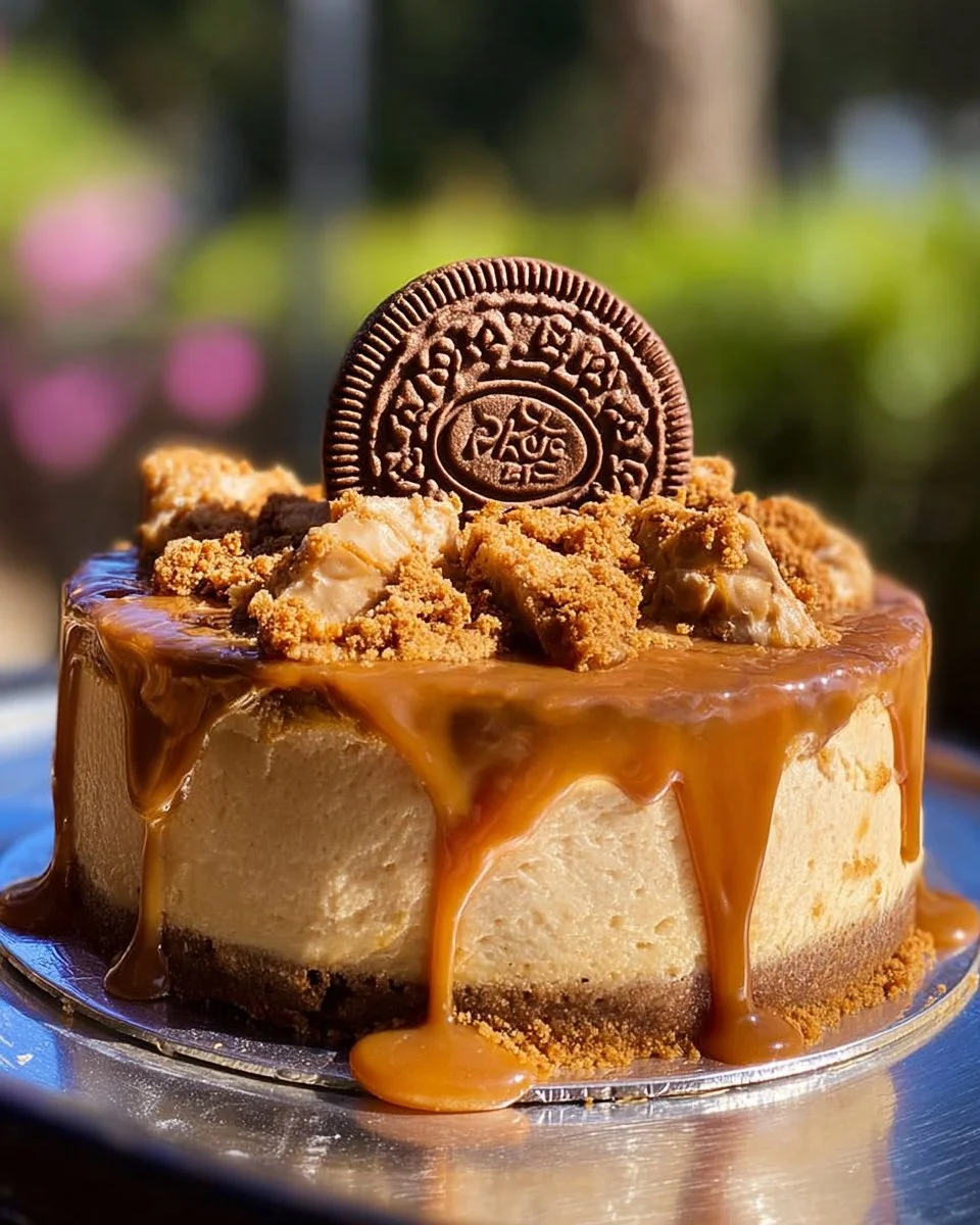 Slice of Biscoff cookie butter cheesecake on a plate