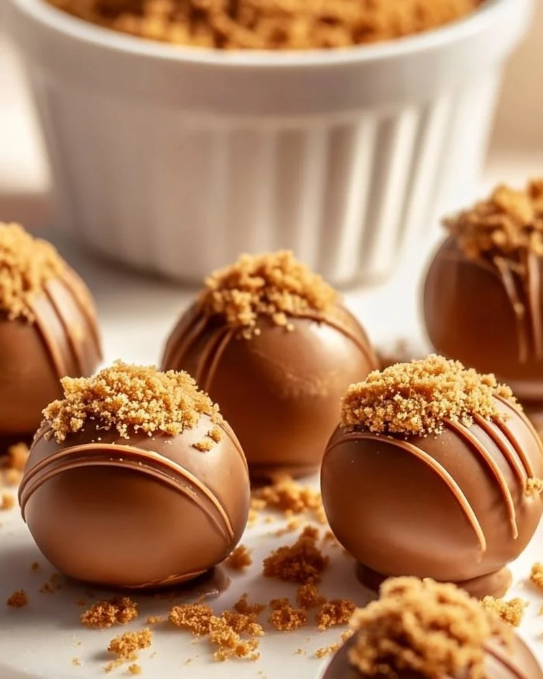Delicious homemade Biscoff Truffles topped with chocolate and cookie crumbs.