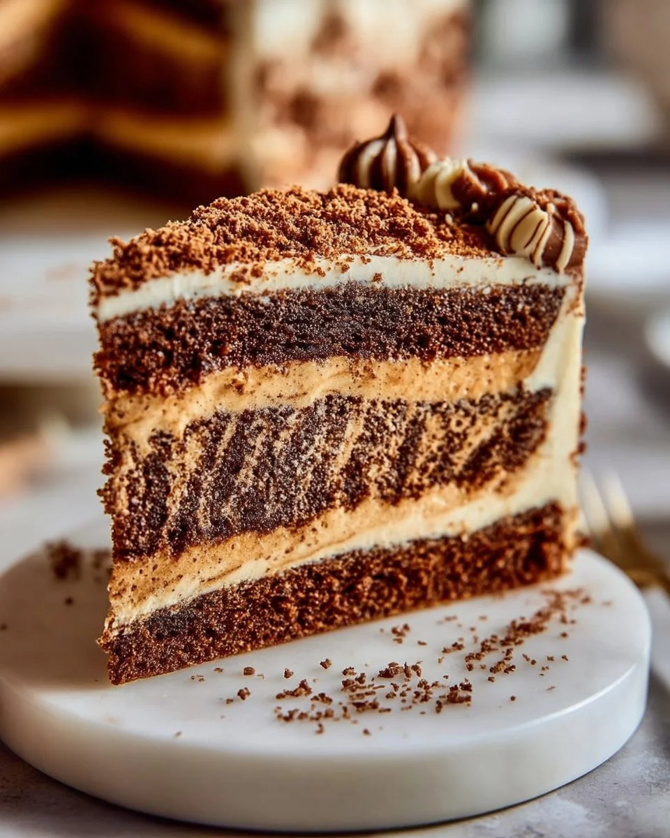 Biscoff Vegan Marble Cake slice with rich marble textures and Biscoff spread