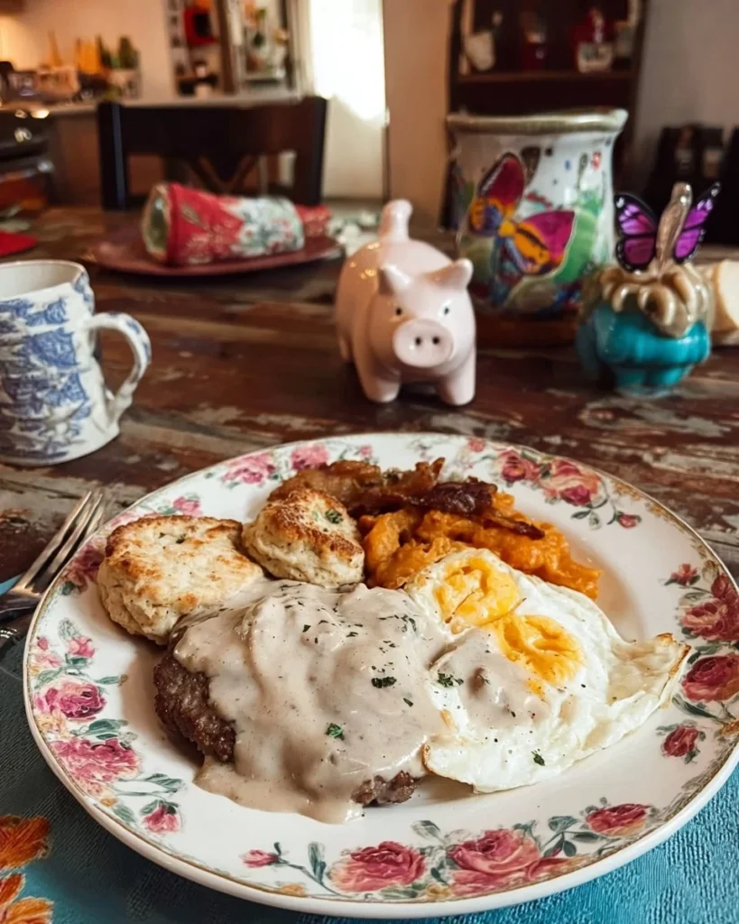 A plate of biscuits and gravy with sausage, ready to enjoy for breakfast.