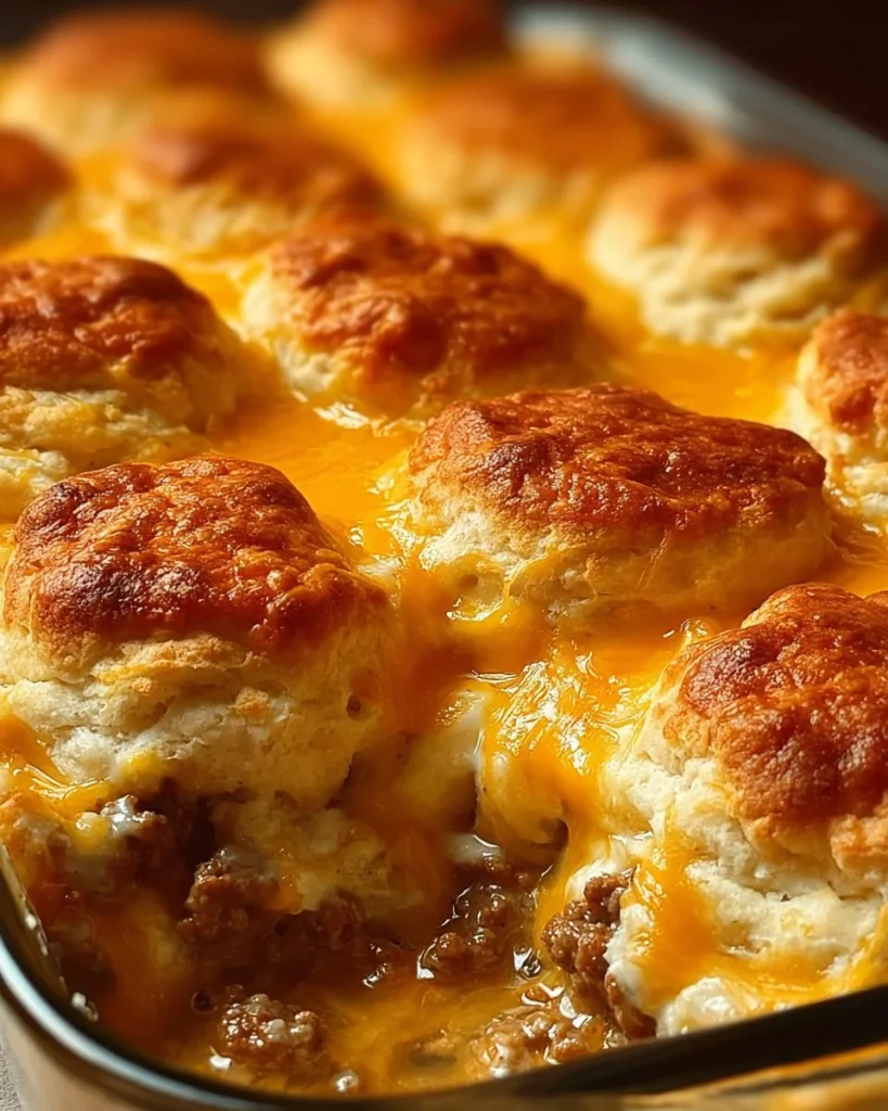 Delicious Biscuits and Gravy Hashbrown Casserole served in a baking dish