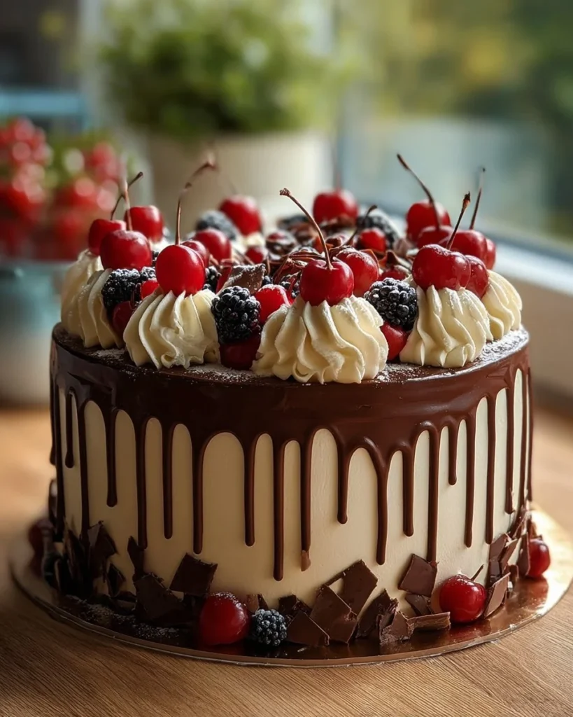 Delicious slice of Black Forest Cake topped with cherries and whipped cream