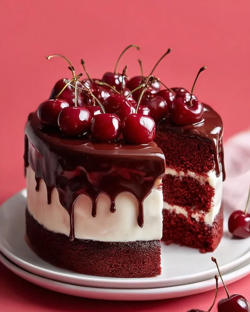 Delicious slice of Black Forest Cake topped with cherries and whipped cream