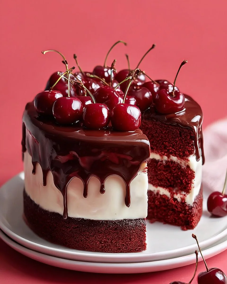 Delicious slice of Black Forest Cake topped with cherries and whipped cream