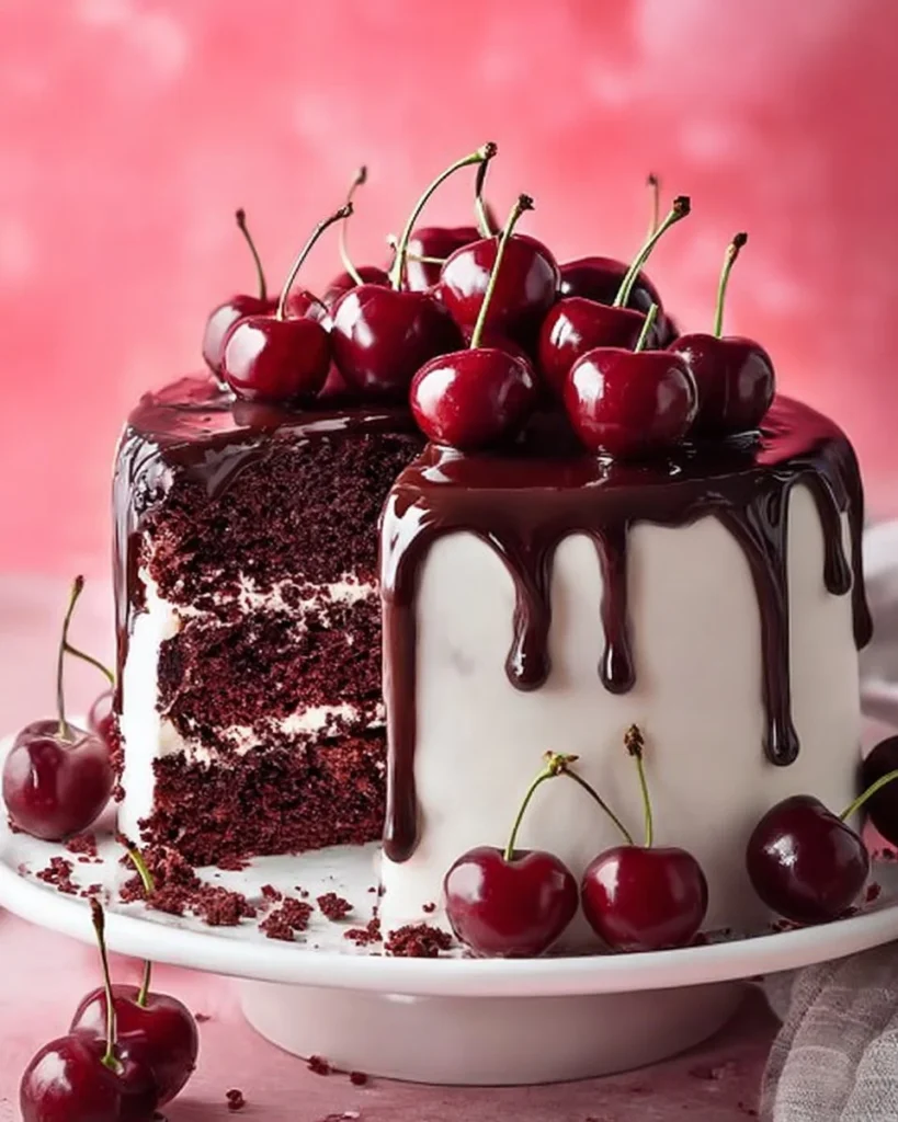 Delicious slice of Black Forest Cake topped with cherries and whipped cream