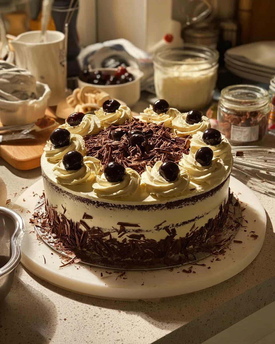 Delicious Black Forest Cake with cherry topping and whipped cream layers