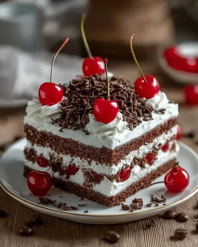 Delicious slice of Black Forest Cake with cherries and cream on a plate.