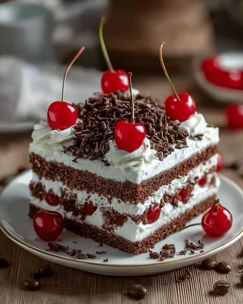 Delicious slice of Black Forest Cake with cherries and cream on a plate.