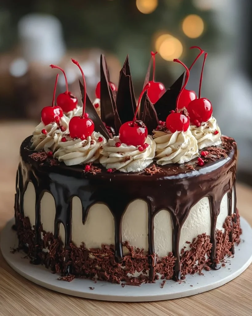 Delicious Black Forest Cake topped with cherries and whipped cream