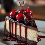 Delicious Black Forest Cheesecake topped with cherries and chocolate shavings