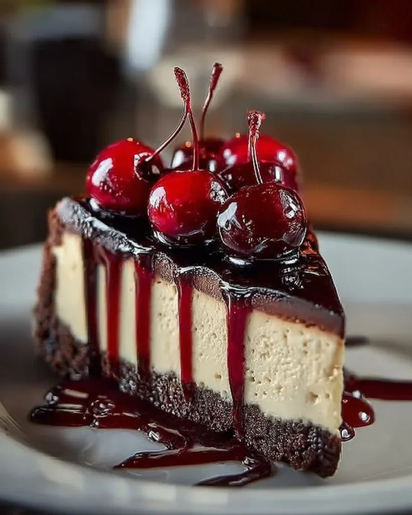 Delicious Black Forest Cheesecake topped with cherries and chocolate shavings