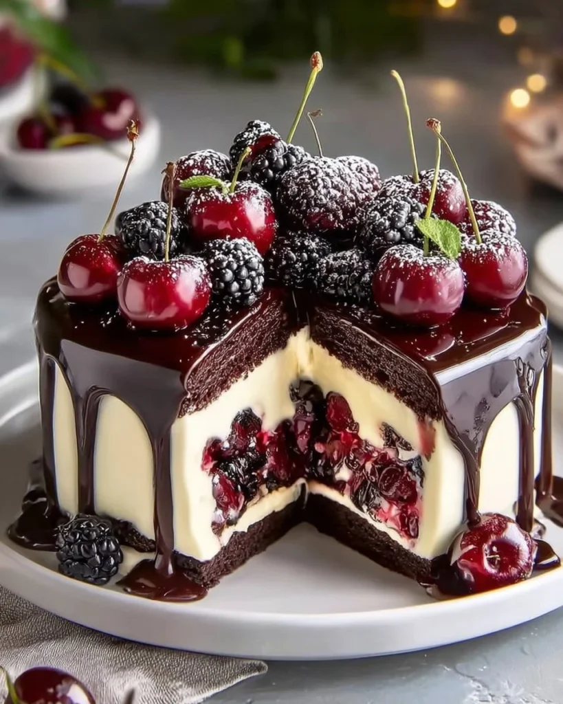 Delicious slice of Black Forest Cheesecake topped with cherries and whipped cream