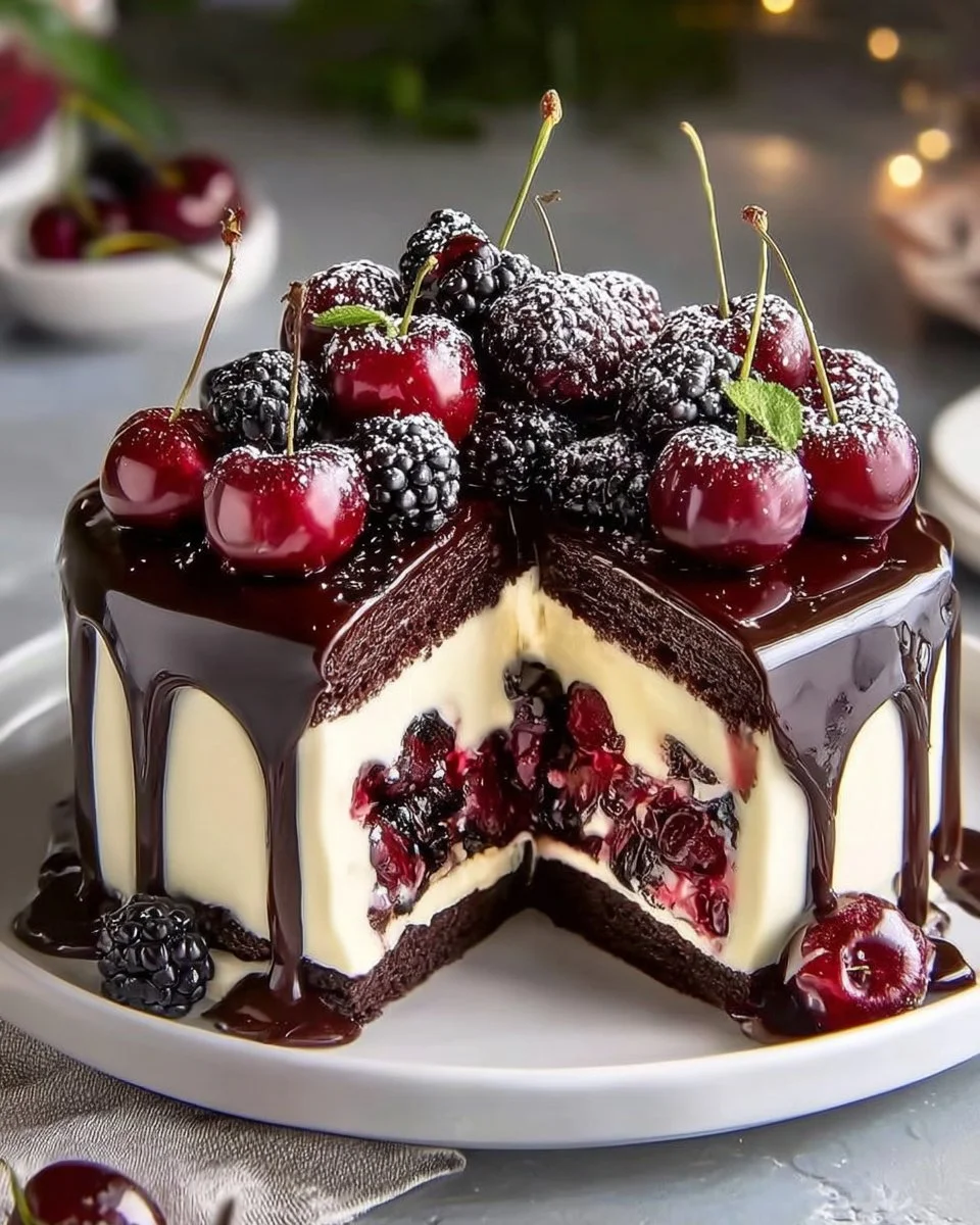 Delicious slice of Black Forest Cheesecake topped with cherries and whipped cream