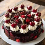 Delicious Black Forest Cheesecake topped with cherries and chocolate shavings.