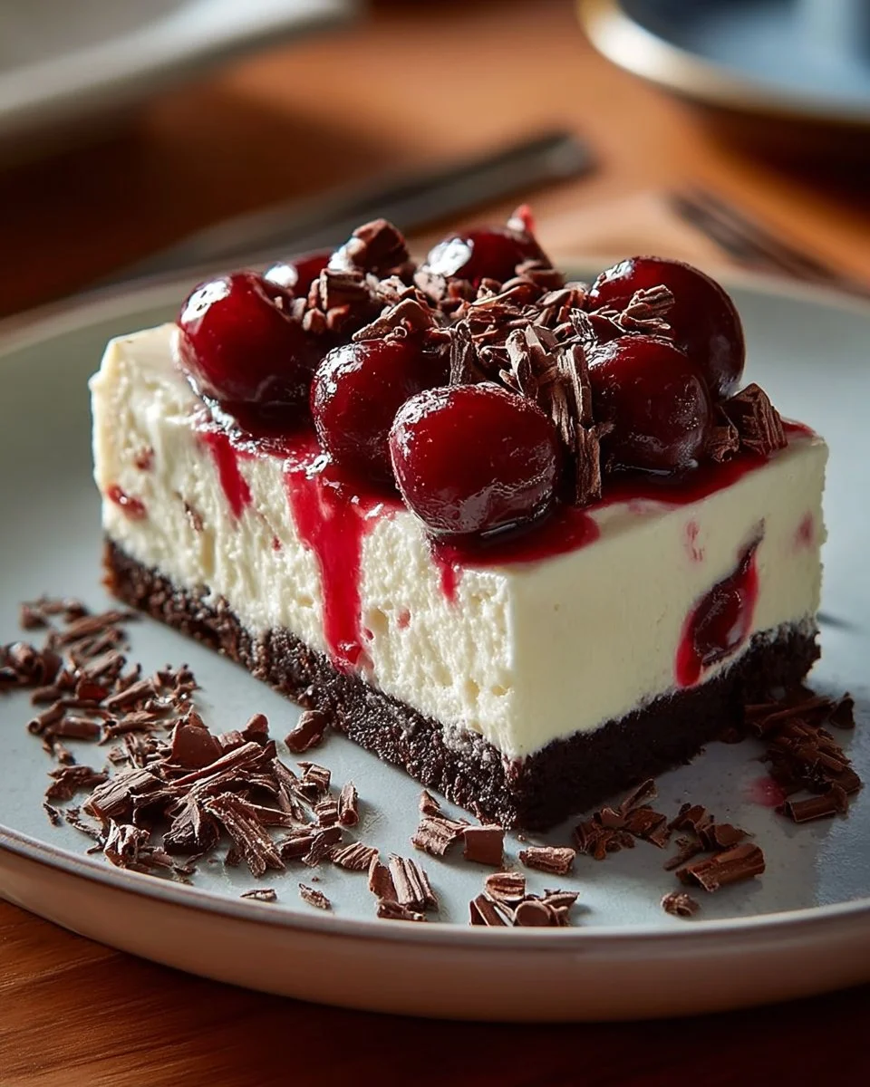 Delicious Black Forest Cheesecake topped with cherries and chocolate shavings