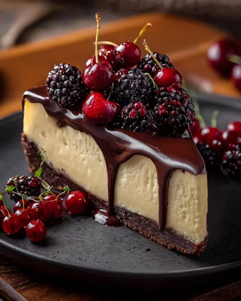 Delicious Black Forest Cheesecake with chocolate layers and cherry topping
