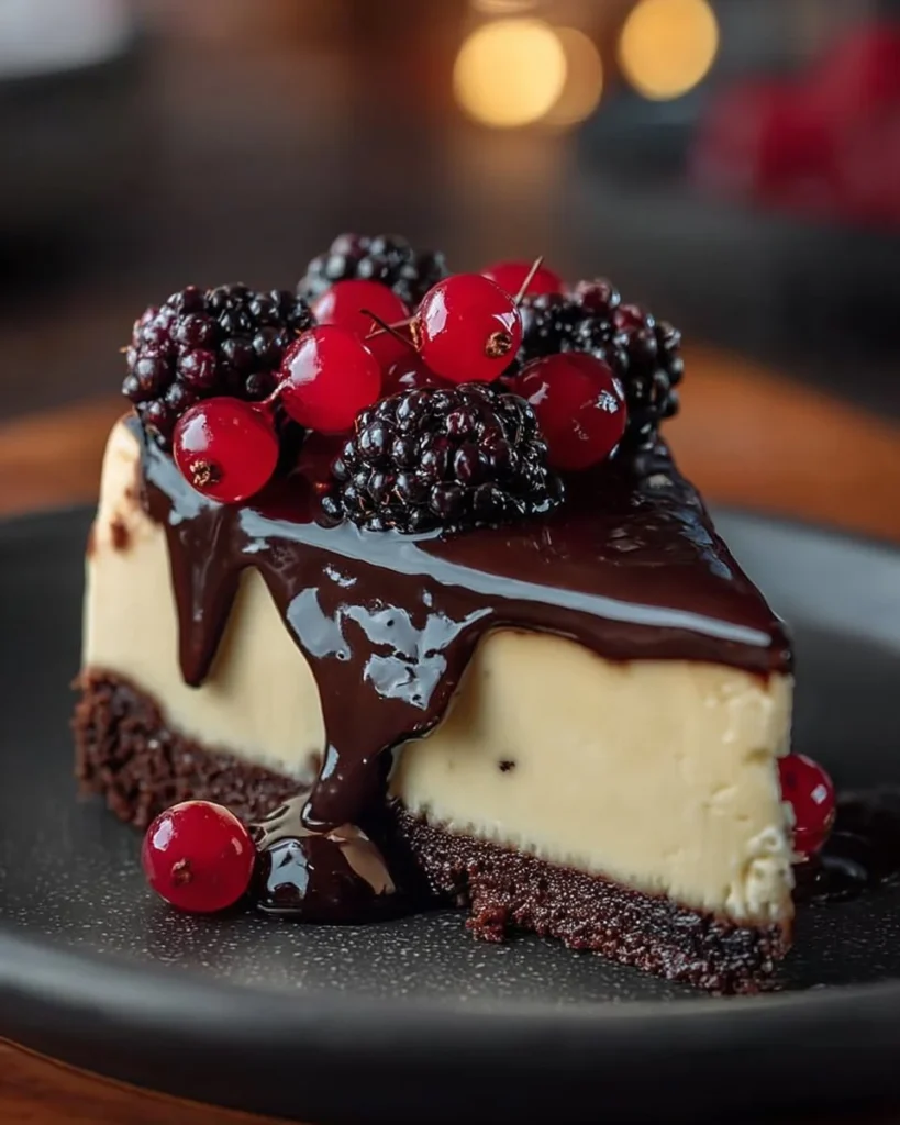 Slice of Black Forest Cheesecake Delight topped with cherries and chocolate shavings