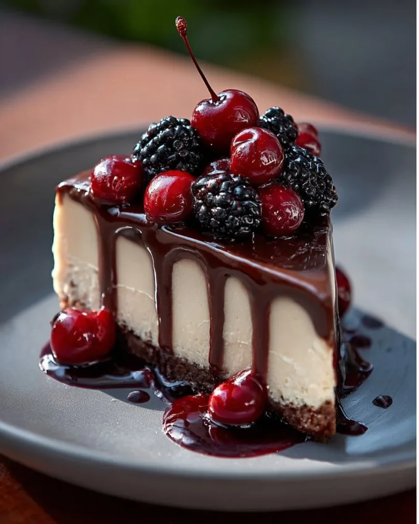 Slice of Black Forest Cheesecake with chocolate layers and cherry topping