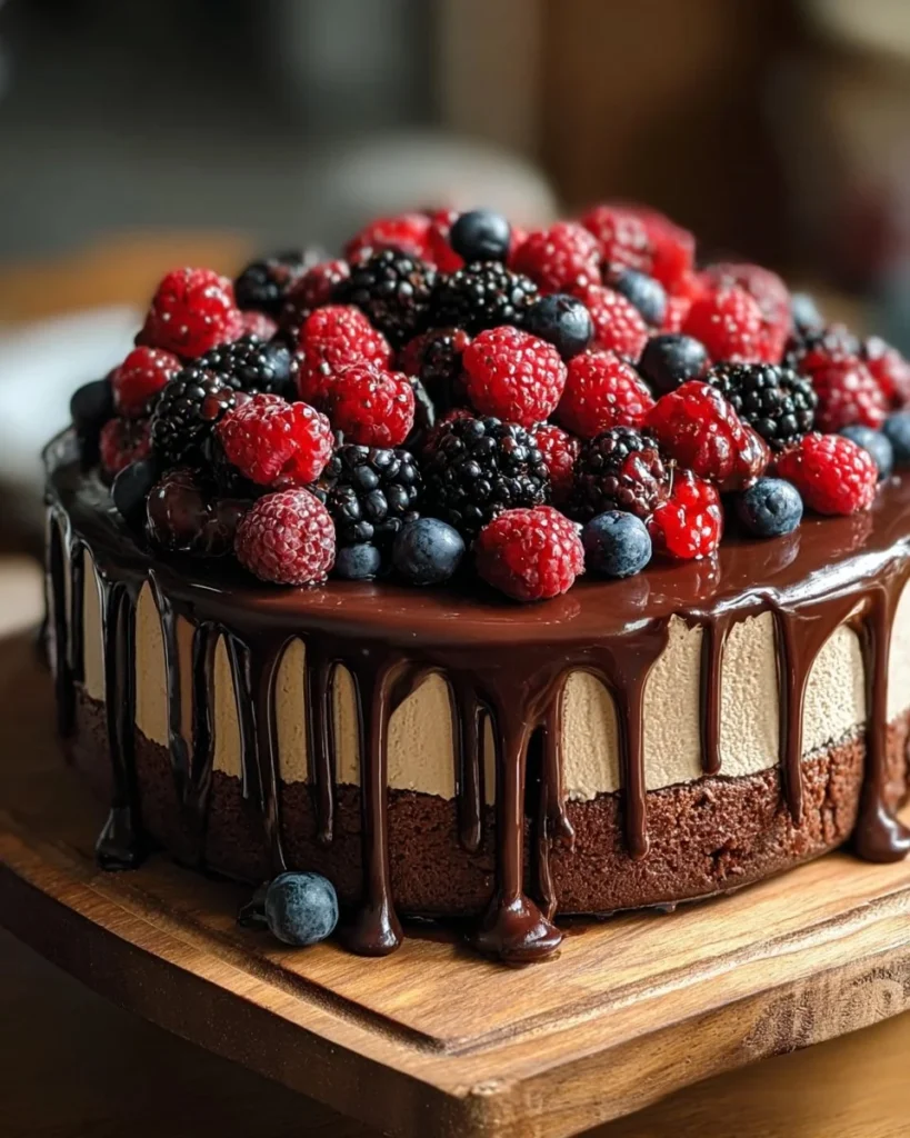Delicious Black Forest Cheesecake with rich chocolate and berry topping