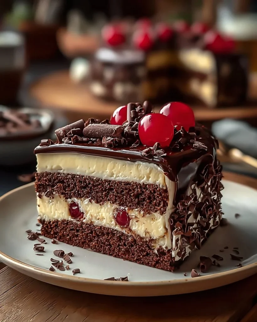 Black Forest Chocolate Swiss Roll topped with cherries and chocolate shavings