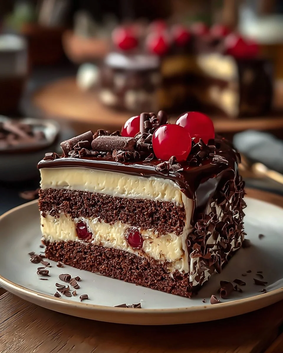 Black Forest Chocolate Swiss Roll topped with cherries and chocolate shavings