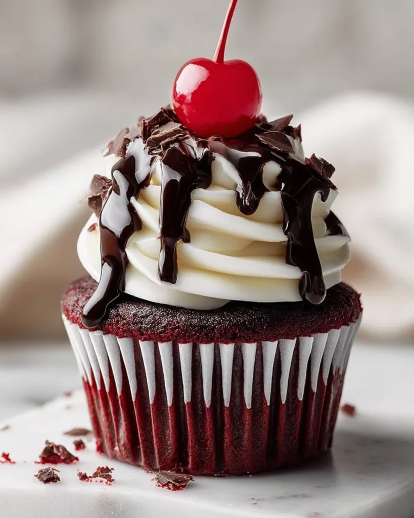Delicious Black Forest Cupcakes topped with cherries and whipped cream