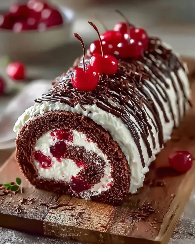 Delicious Black Forest Dream Roll dessert with chocolate and cherries.
