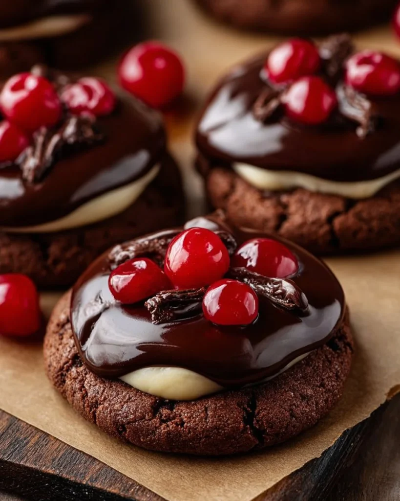 Black Forest Flourless Brownie Cookies topped with cherries and chocolate drizzle.