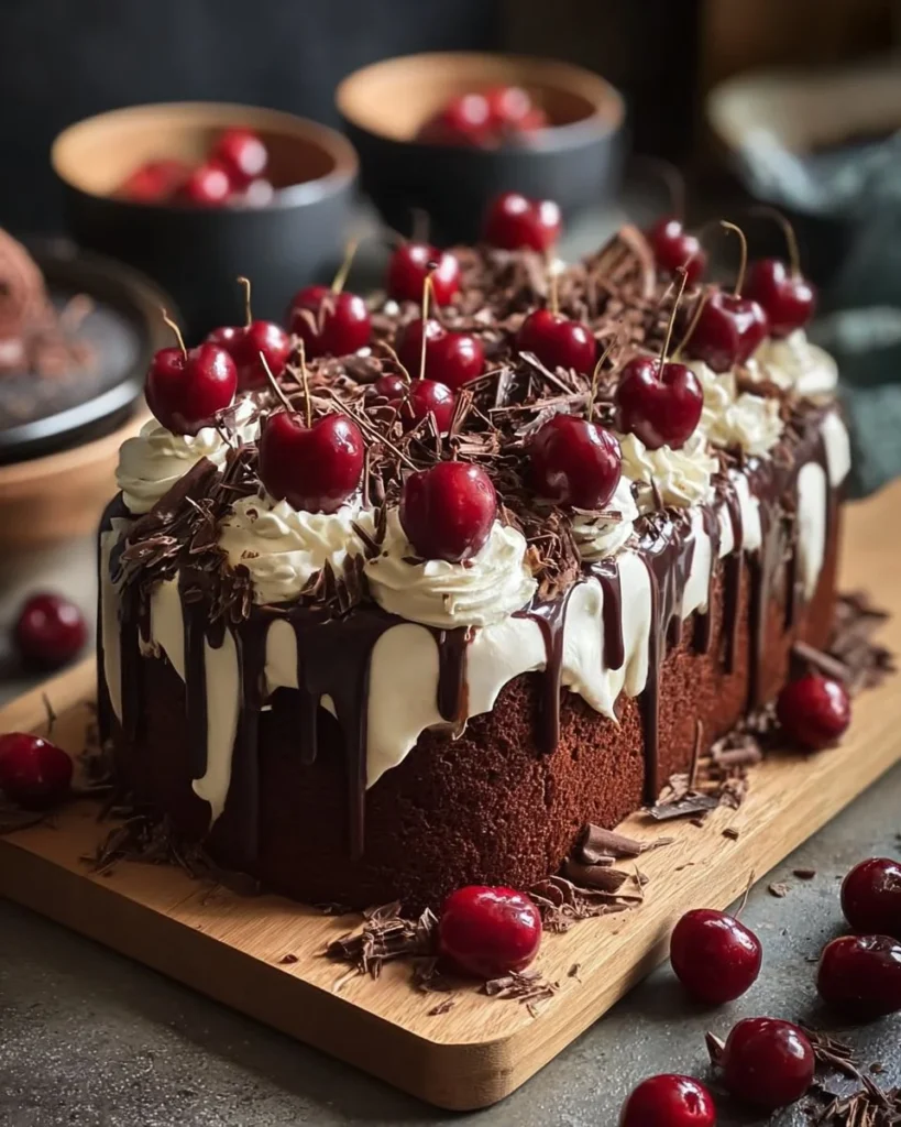 Delicious Black Forest Loaf Cake topped with cherries and whipped cream