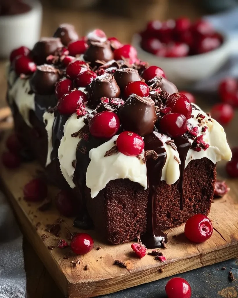 Delicious Black Forest Loaf Cake topped with cherries and whipped cream